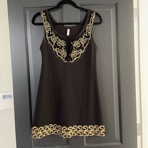 Free People Black Stretch Tank Dress with Metallic Gold Embroidery Detailing S